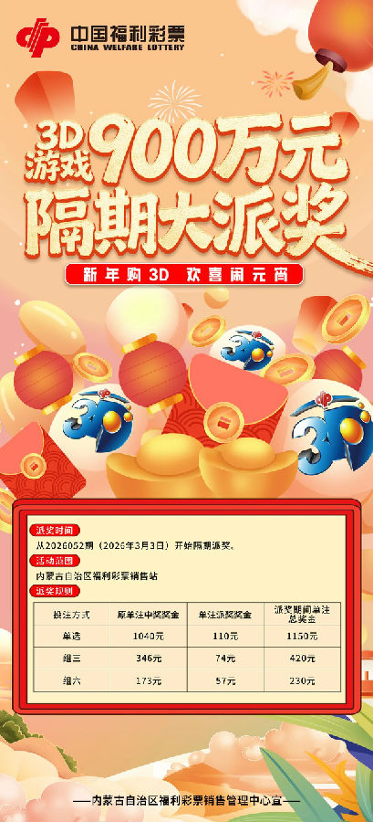 内蒙古福彩3D游戏900万元隔期派奖活动
