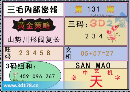 第2025131期3d三毛内部密报三码推荐：234