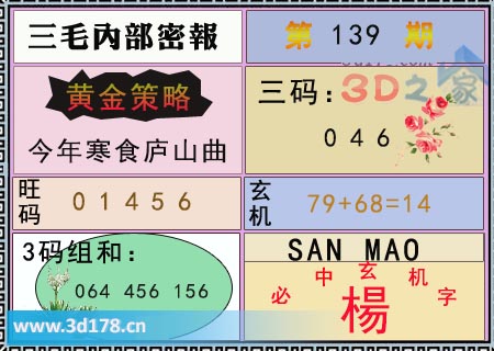 第2025139期3d三毛内部密报三码推荐：046
