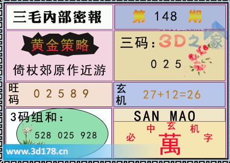 第2025148期3d三毛内部密报旺码推荐：02589