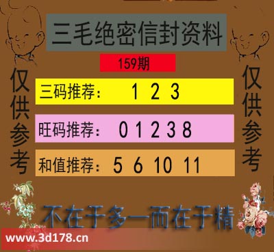 3d第2025159期三毛绝密信封资料图三码推荐：123