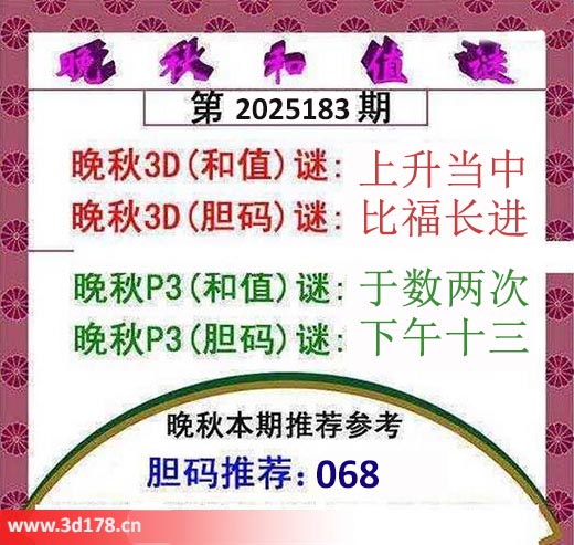 3d红五晚秋图第2025183期胆码推荐：068
