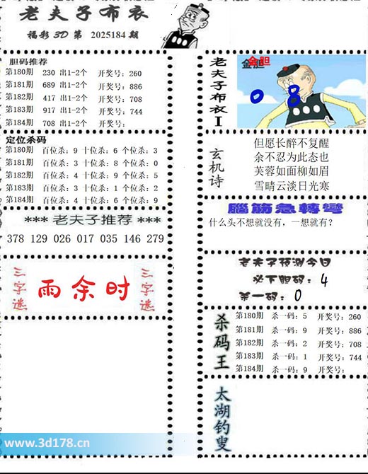 老夫子布衣图3d第2025184期预测今日:必下胆码4