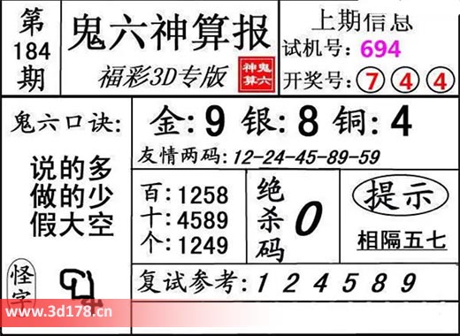 鬼六神算报3d第2025184期金胆:9