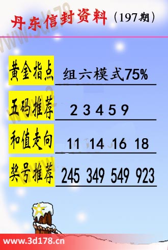 丹东信封资料图3d第2025197期黄金指点：组六模式75%