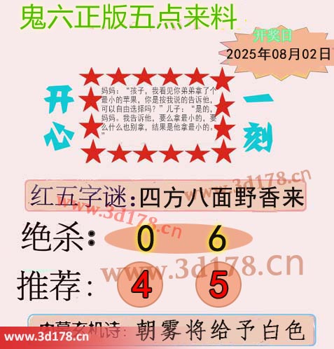 鬼六五点来料3d第2025204期绝杀：0 6
