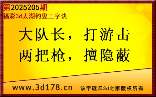 3d第2025205期太湖图库解字谜：大队长，打游击