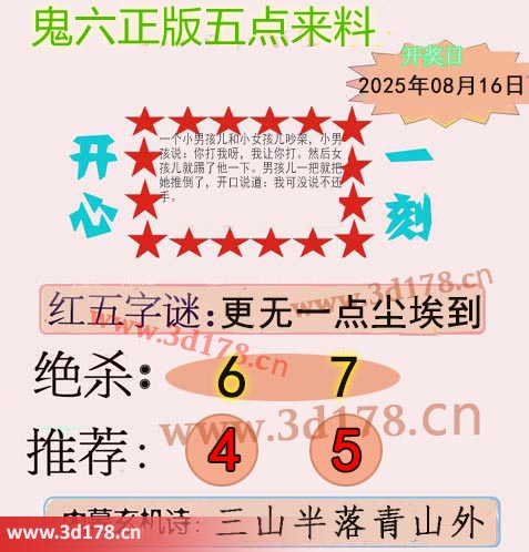 鬼六五点来料3d第2025218期两胆码推荐：4 9