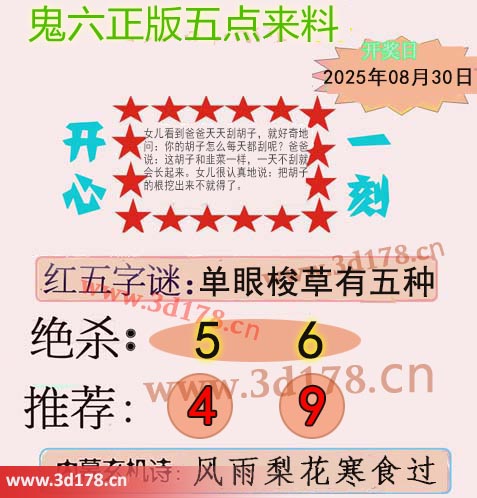 鬼六五点来料3d第2025232期两胆码推荐：4 9