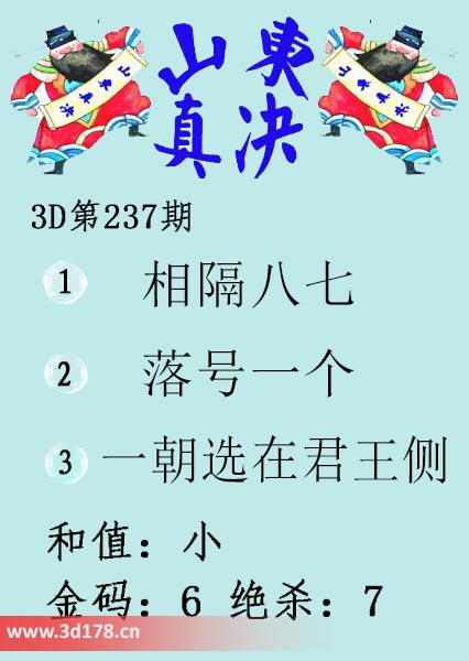3d山东真诀图第2025237期绝杀：7