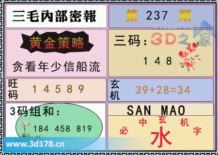 3d第2025237期三毛绝密信封资料图三码推荐：148