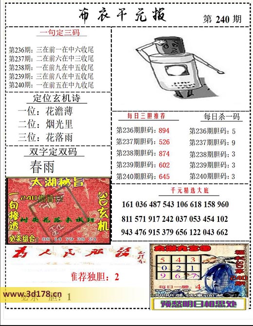 布衣千元报3d第2025240期双字定双码：春雨