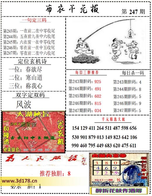 布衣千元报3d第2025247期每日三胆推荐：034