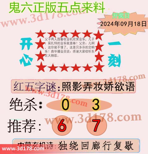 鬼六五点来料3d第2025251期红五字谜：照影弄妆娇欲语