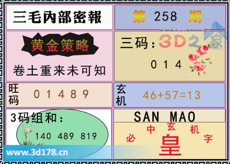3d第2025258期三毛绝密信封资料图三码推荐：014