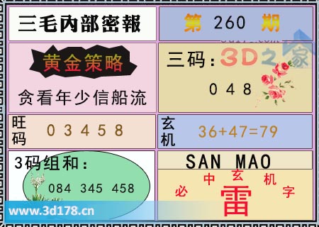 3d第2025260期三毛绝密信封资料图旺码推荐：03458