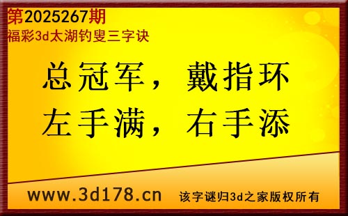 3d第2025267期太湖图库解字谜：总冠军，戴指环