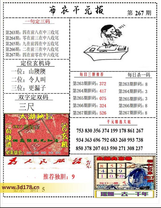 布衣千元报3d第2025267期每日三胆推荐：526