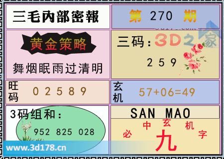 3d第2025270期三毛绝密信封资料图必中玄机字：九