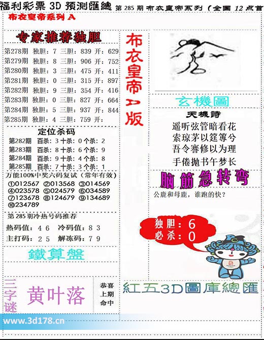 3d布衣皇帝第2025285期三字谜:黄叶落