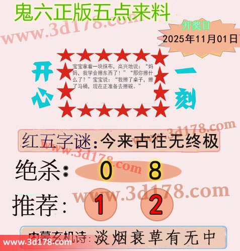鬼六五点来料3d第2025291期红五字谜:今来古往无终极
