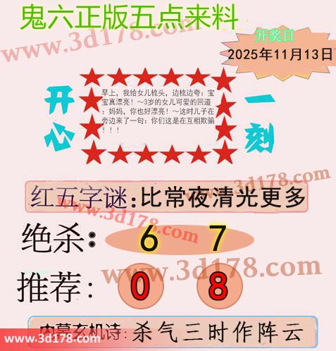 鬼六五点来料3d第2025303期绝杀:6 7