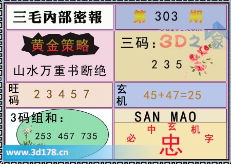 3d第2025303期三毛内部密报图旺码推荐:23457