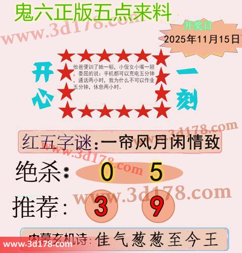 鬼六五点来料3d第2025305期两胆码推荐：3 9