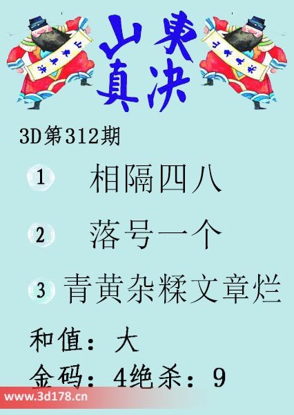 3d山东真诀图第2025312期金码：4
