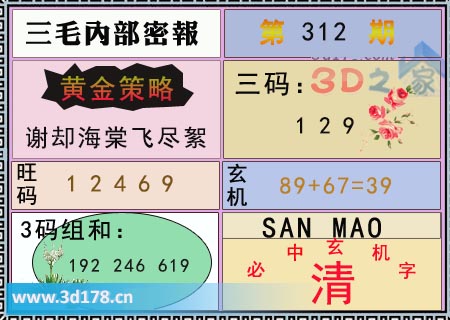 3d第2025312期三毛内部密报图三码推荐：129
