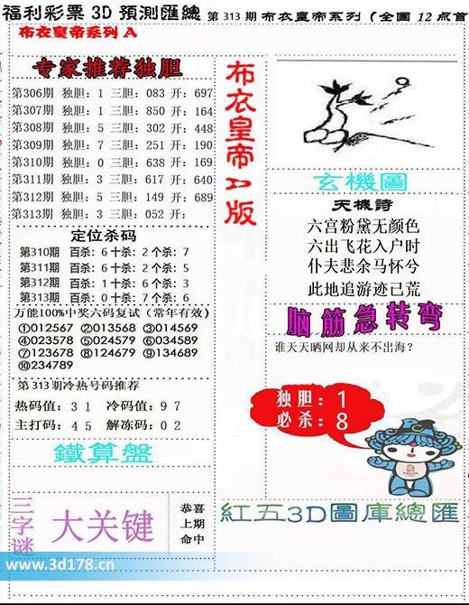 3d布衣皇帝第2025313期主打码：4 5