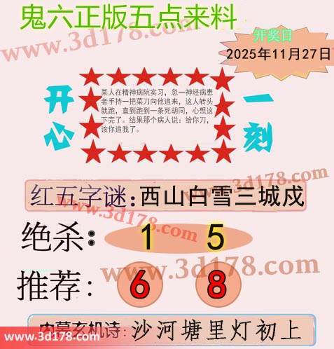 鬼六五点来料3d第2025317期绝杀:1 5