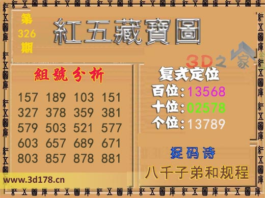 3d第2025326期红五藏宝图复式定位：十位：02578