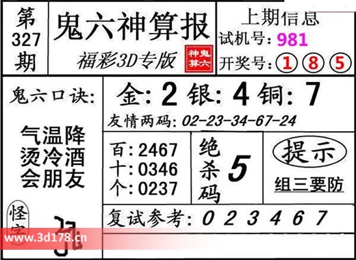 鬼六神算报3d第2025327期金胆:2