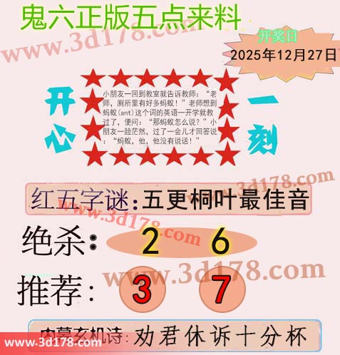 鬼六五点来料3d第2025347期两胆码推荐：3 7