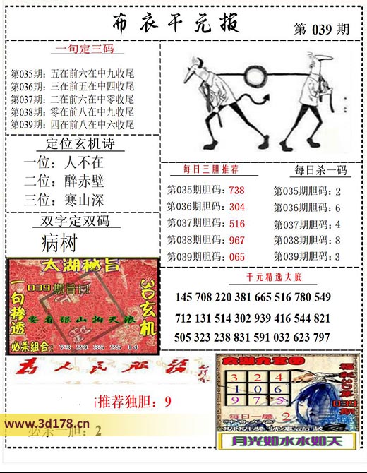布衣千元报3d第2026039期每日三胆推荐：065
