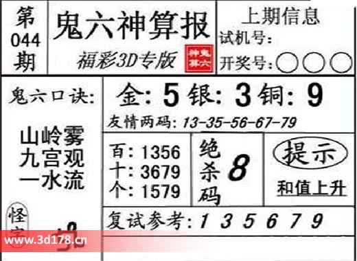 鬼六神算报3d第2026044期金胆:5