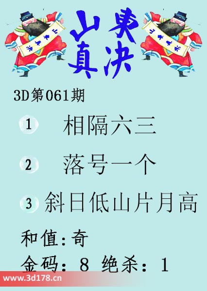 3d山东真诀图第2026061期绝杀：1