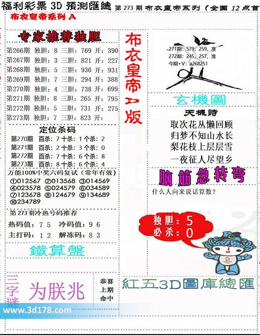 3d布衣皇帝第2024273期推荐三字谜：为朕兆