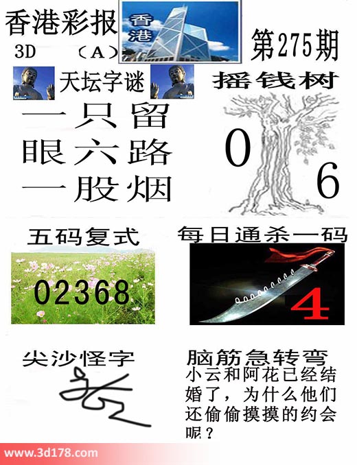 香港彩报3d第2024275期天坛字谜：一只留