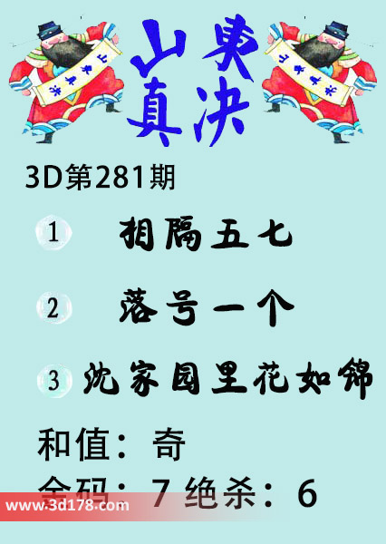 3d山东真诀图第2024281期推荐金码：7
