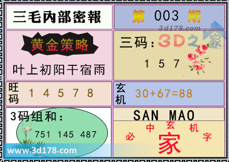 第2025003期3d三毛内部密报旺码推荐：14578