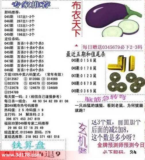 3d布衣天下第2025049期胆码：279