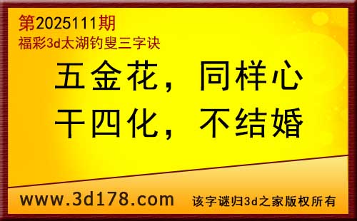 3d第2025111期太湖图库解字谜：干四化，不结婚
