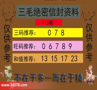 3d第2025113期三毛绝密信封资料图三码推荐：078
