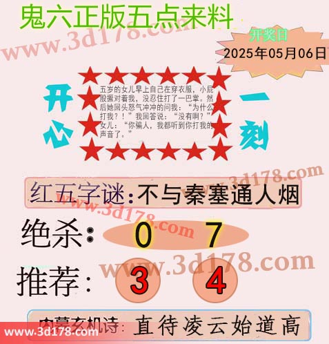 鬼六五点来料3d第2025116期绝杀：0 7