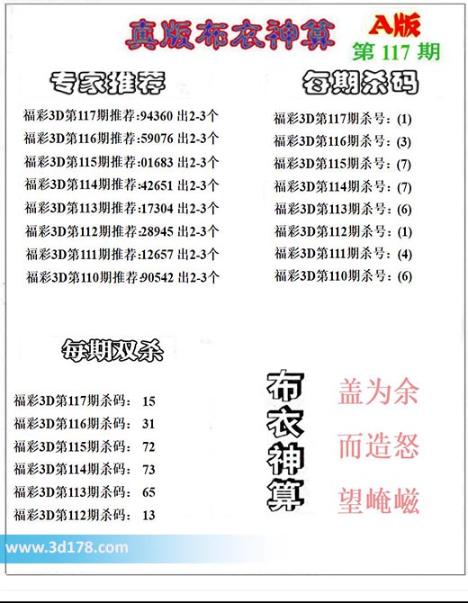 3d第2025117期布衣神算推荐：双杀15