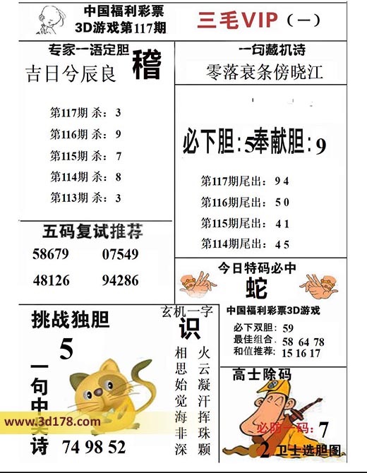 三毛图库3d第2025117期挑战独胆：5