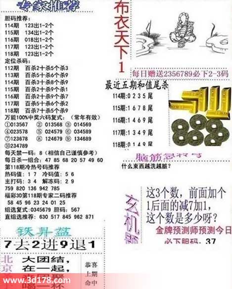 3d布衣天下第2025118期十位杀一码：5
