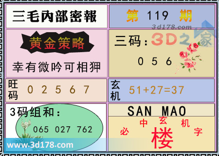 第2025119期3d三毛内部密报三码推荐：056